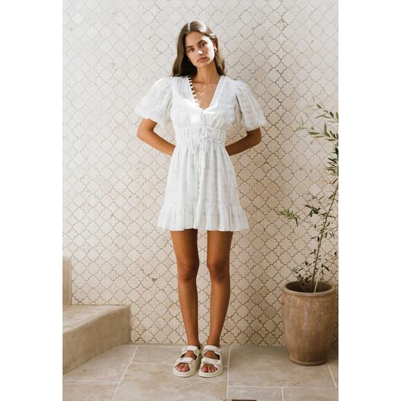 SABO Savina White Puff Sleeve Cotton Mini Dress Cottagecore Size 6